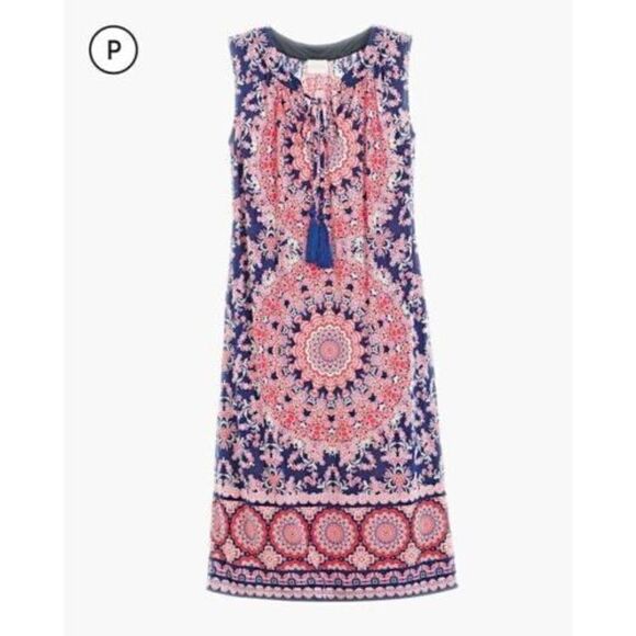 Chico’s Petite Floral Geo Print Dress Size 0 Small 4 Pink Blue Tassels Stretch - Picture 12 of 12